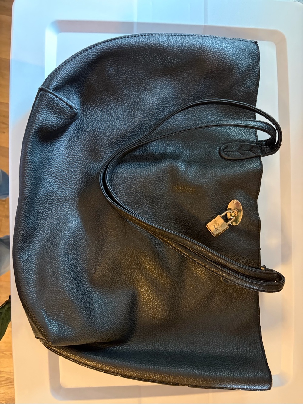 BCBG Black Leather Shoulder Tote with Gold Padlock Accent